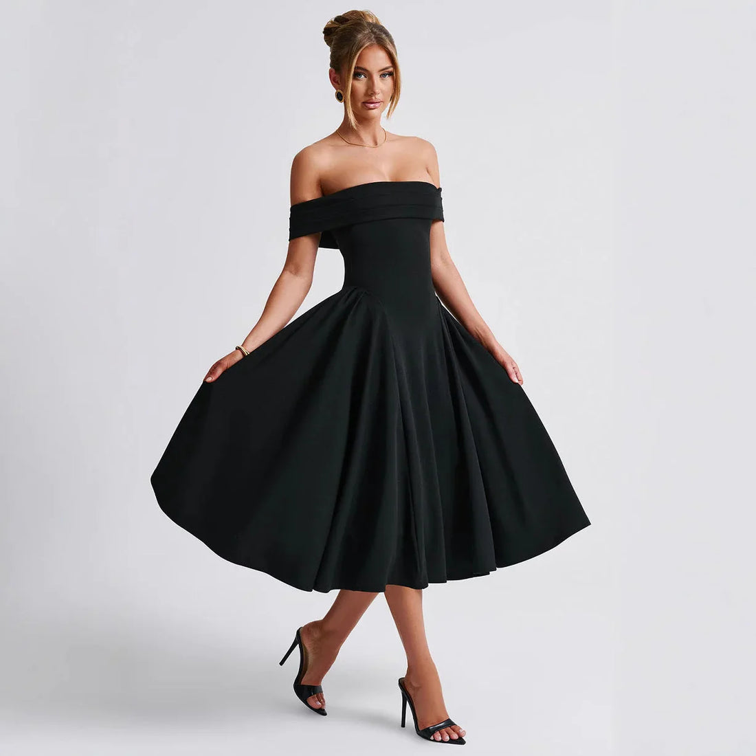 Women’s Midi Dress - Off Shoulder - A-Line Fit and Flare - Elegant Formal Silhouette